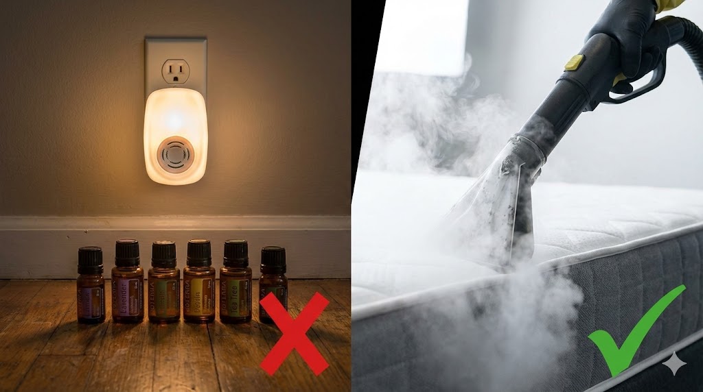 Comparaison visuelle : gadgets inefficaces (prise ultrasons, huiles essentielles) à gauche contre traitement professionnel validé à la vapeur sèche sur un matelas à droite.
